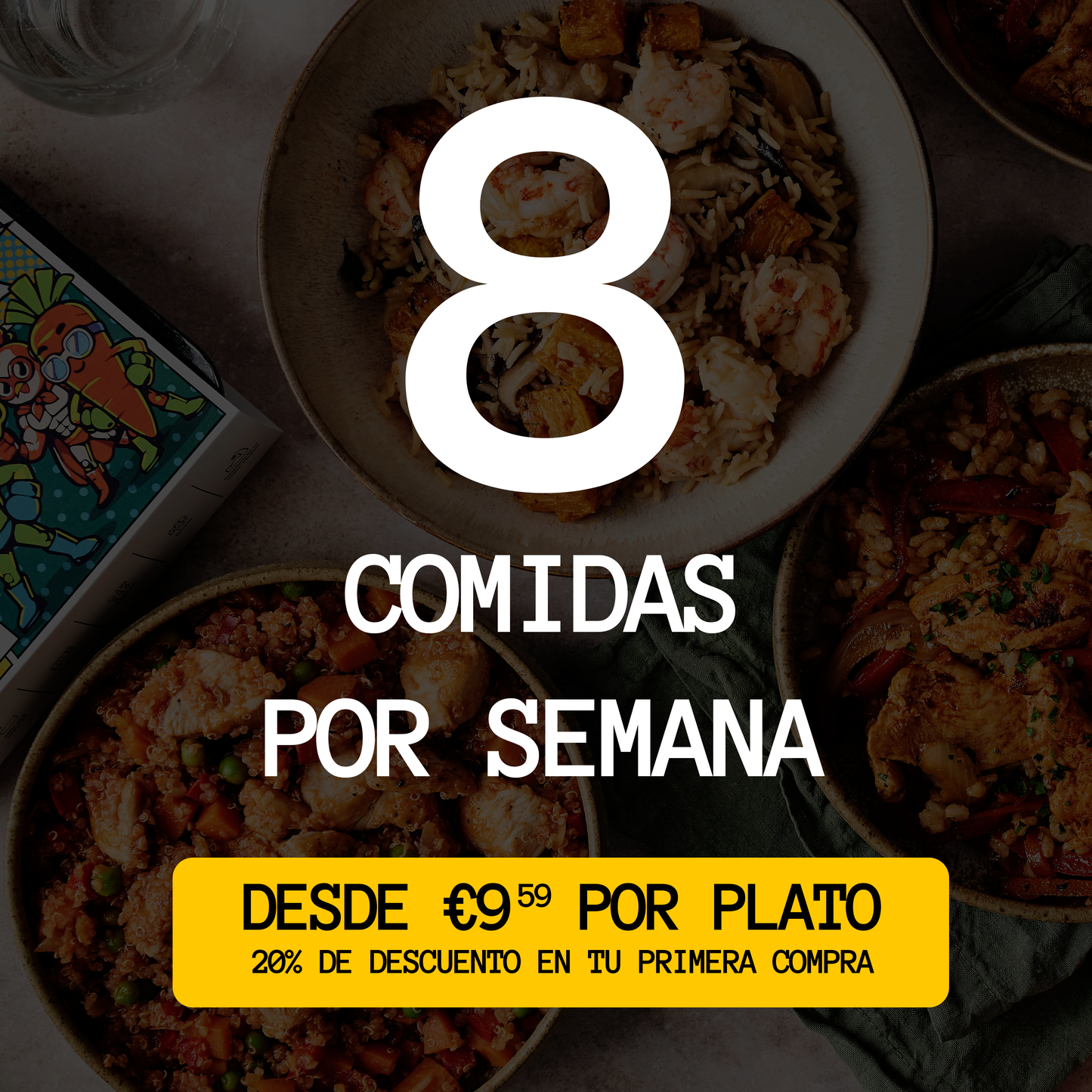 8 platos altos en proteína, sin gluten, sin aditivos ni azúcar añadido