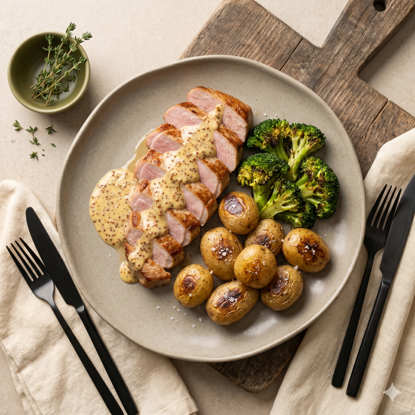Secreto ibérico con salsa de miel y mostaza, patatas y brócoli