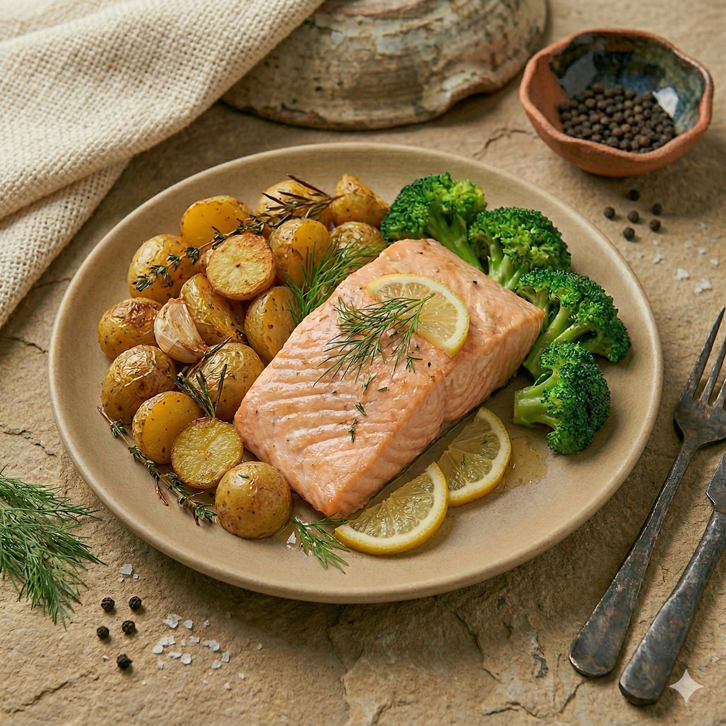 Salmón con patatas asadas y brócoli