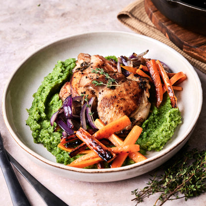 Contramuslos con pure de brócoli y zanahorias glaseadas