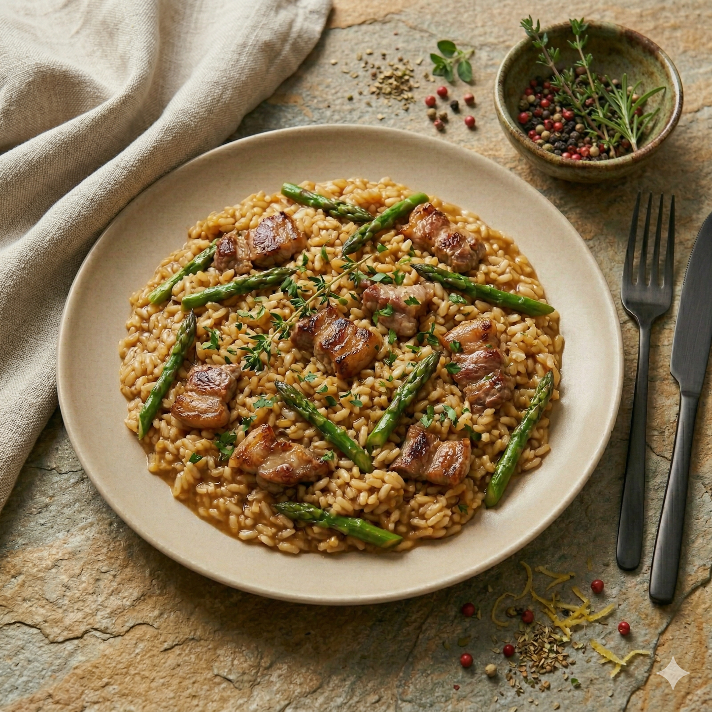 Arroz meloso de lágrima ibérica con espárragos trigueros