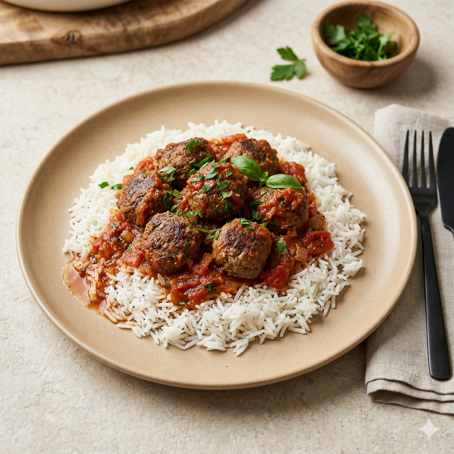 Albóndigas de ternera en salsa de tomate con arroz
