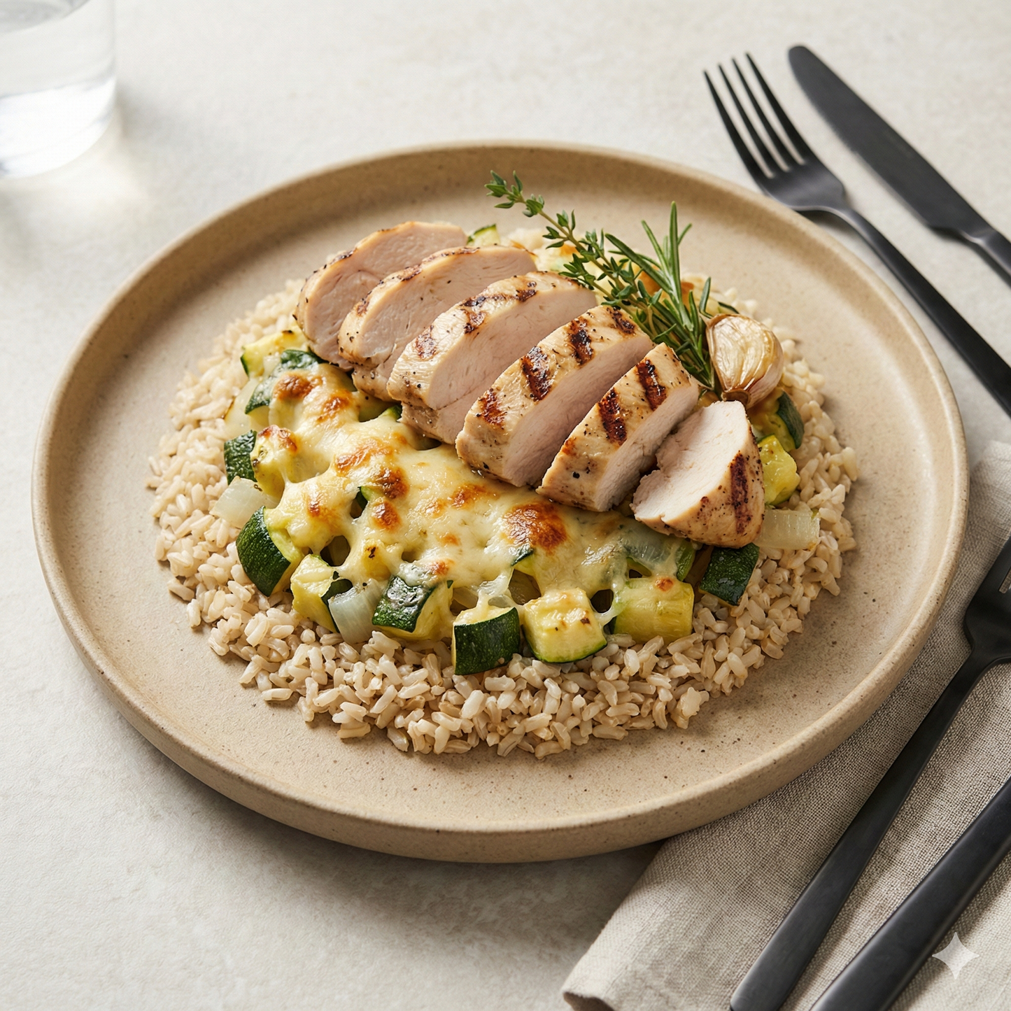 Pollo grill con calabacín gratinado y arroz integral