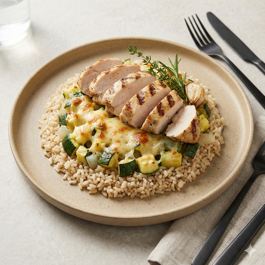 Pollo grill con calabacín gratinado y arroz integral