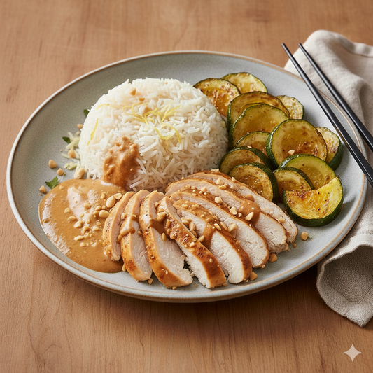 Pollo satay con arroz aromático y calabacín