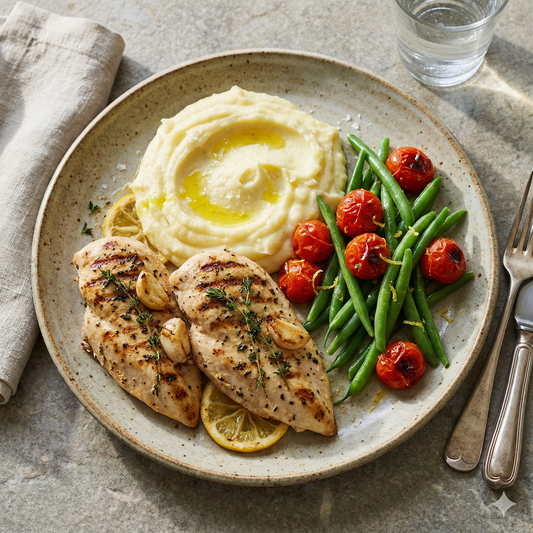Pollo grill con puré de patatas, judías y tomates