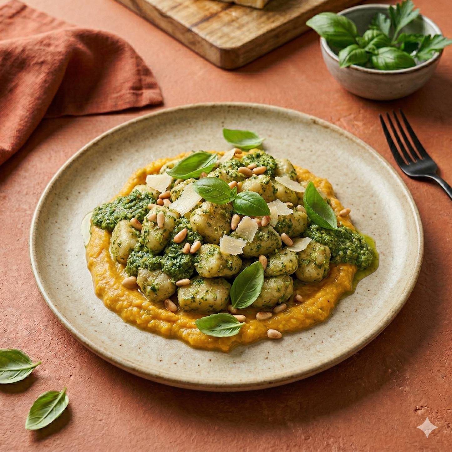 Ñoquis al pesto con crema de calabaza asada