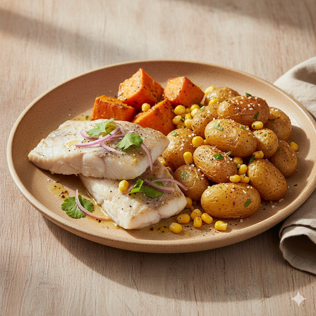 Merluza con patata arrugada y salsa acevichada