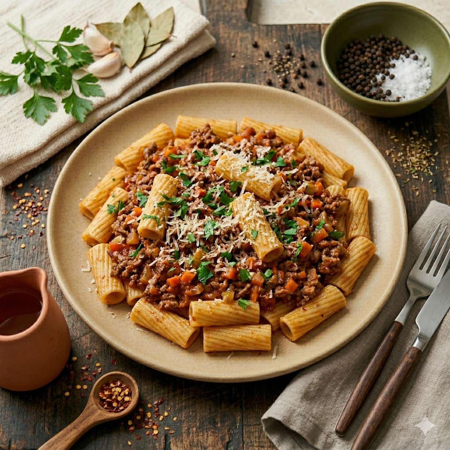 Rigatoni con boloñesa de ternera casera