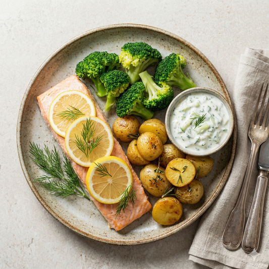 Salmón con patatas asadas y brócoli