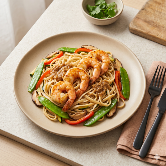 Tallarines salteados con langostinos y verduras al wok