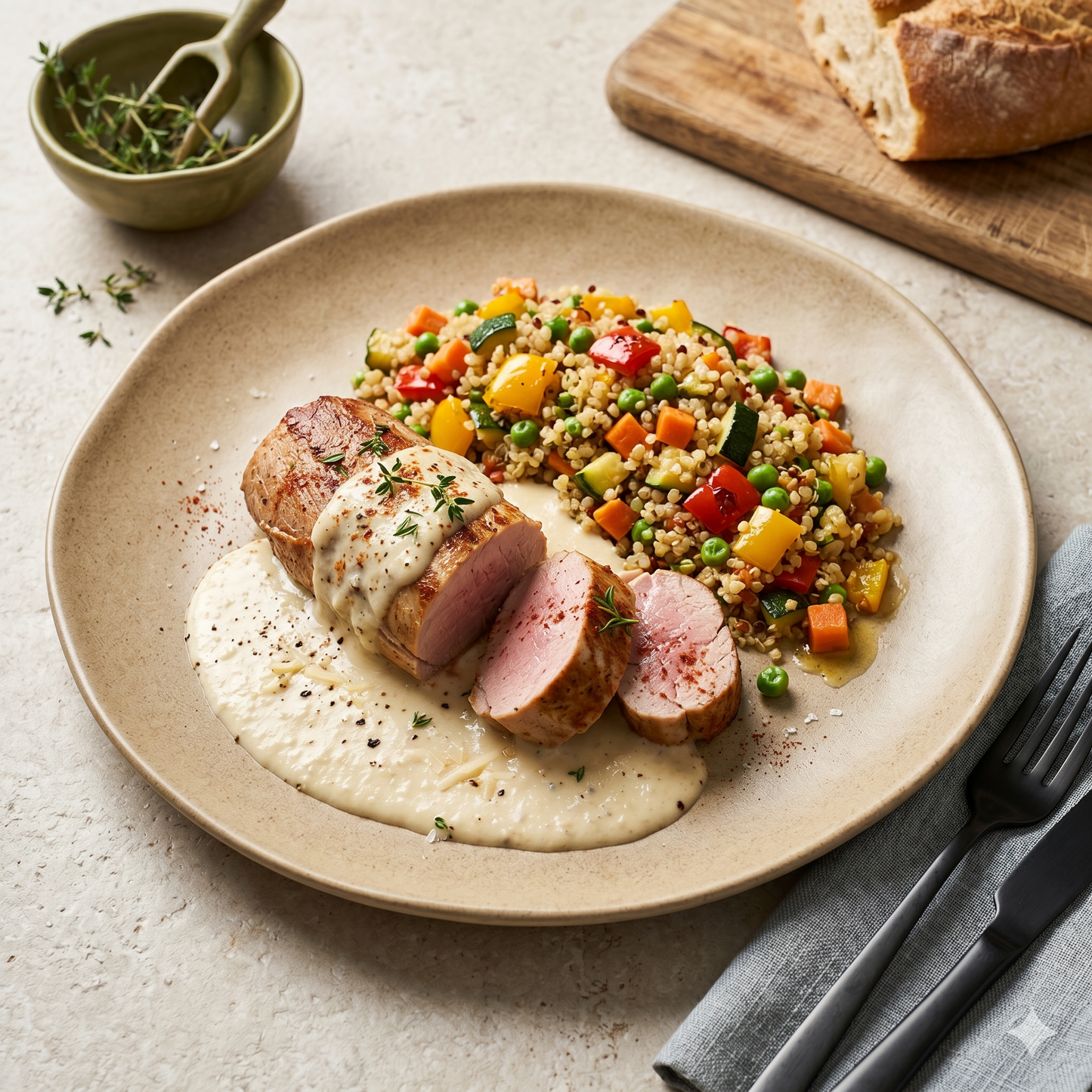 Solomillo de cerdo con salsa de queso manchego y quinoa salteada con verduras