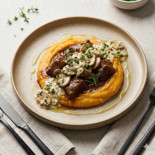 Ragout de ternera con puré de calabaza y patata
