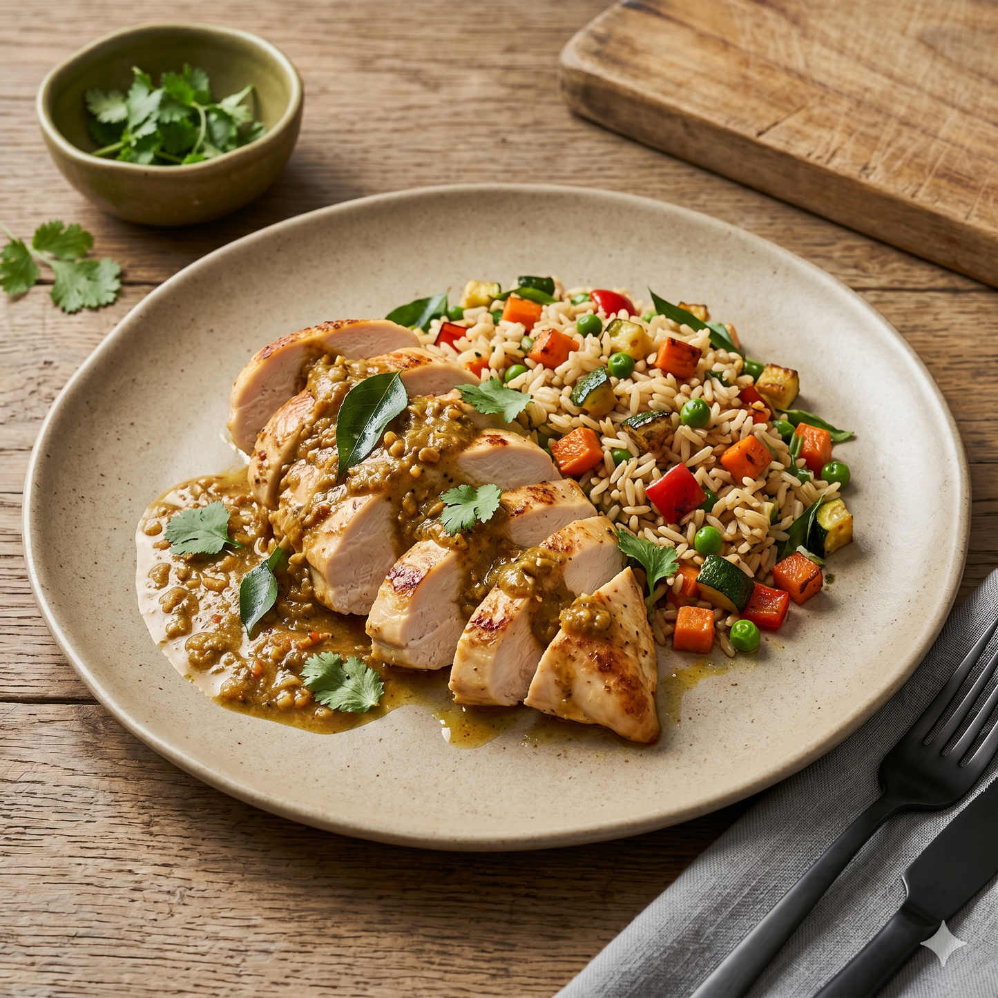Pollo al curry con arroz salteado con verduras