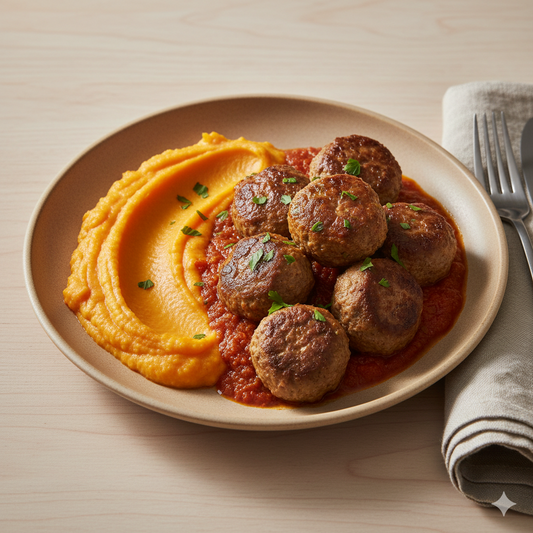 Albóndigas de ternera con salsa de tomate y puré de boniato