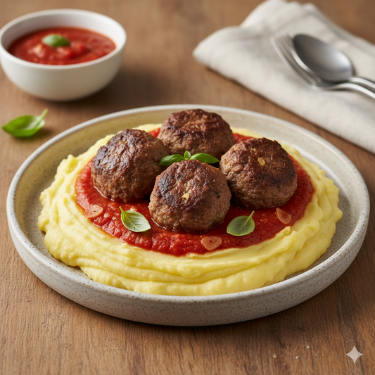 Albóndigas de ternera con salsa de tomate y puré de patatas