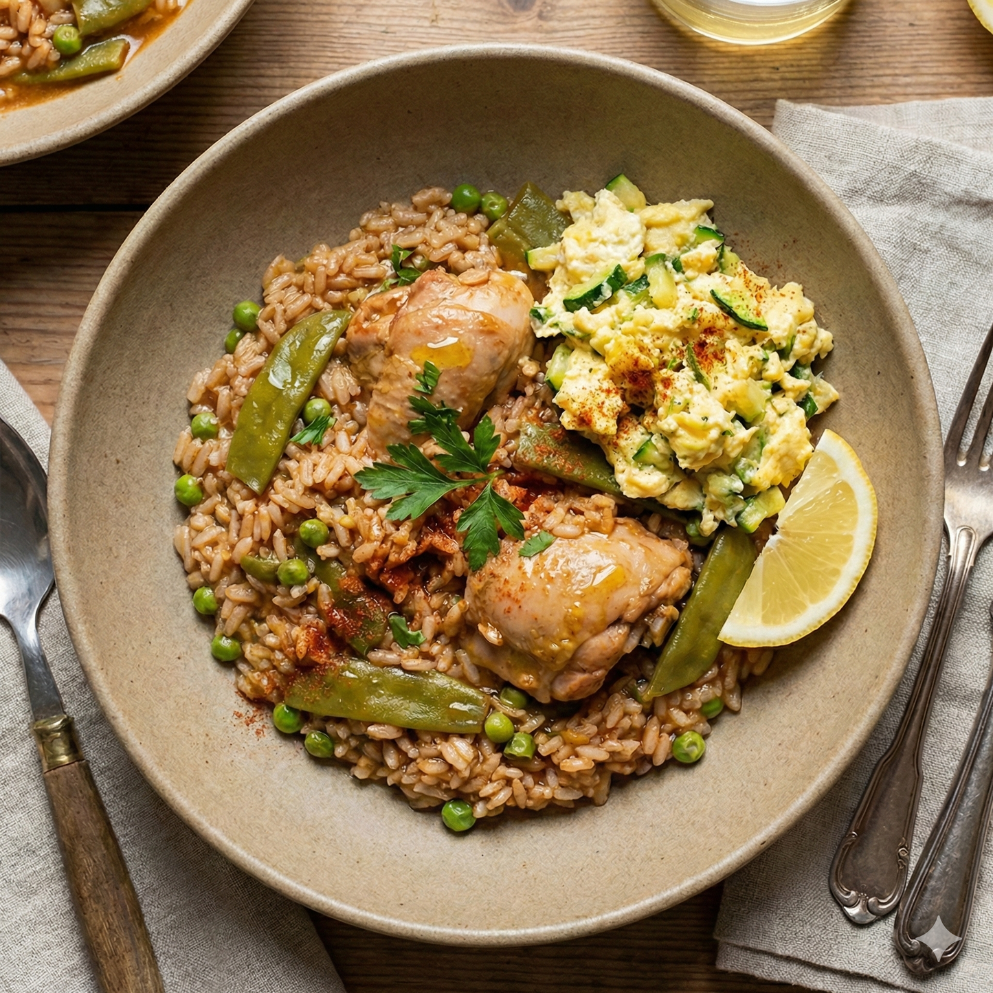 Arroz valenciano de pollo con revuelto de calabacín