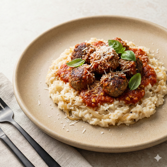 Albóndigas de ternera con salsa de tomate y arroz cremoso