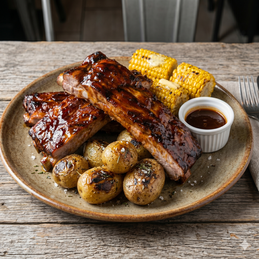 Costillas de cerdo glaseadas con patatas baby asadas y maíz