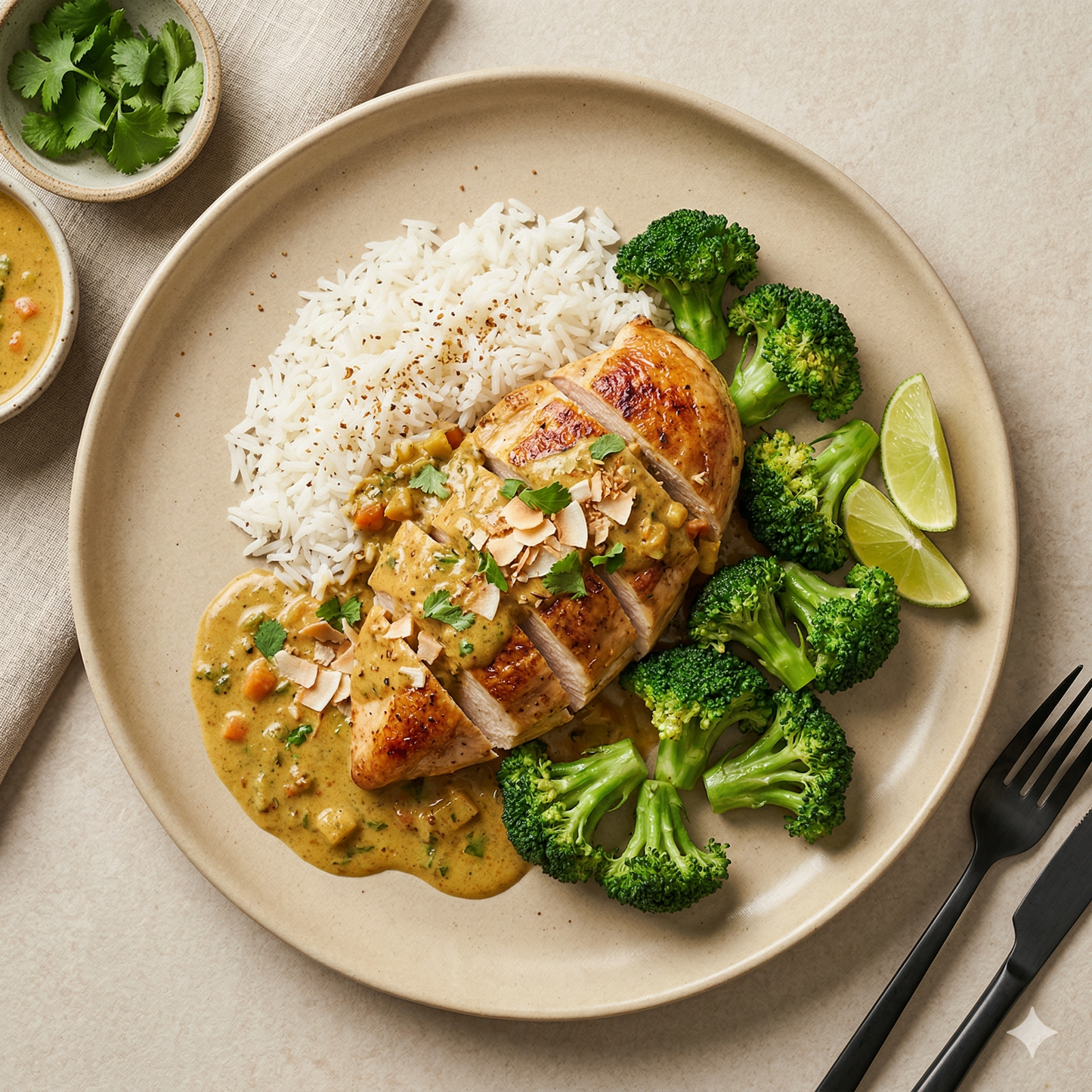 Pollo al curry con arroz y brócoli verde