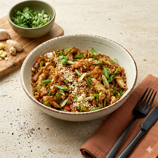 Wok de pollo salteado con verduras y arroz