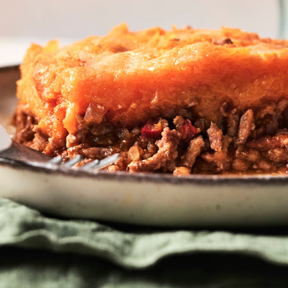 Pastel gratinado de calabaza, boniato y carne