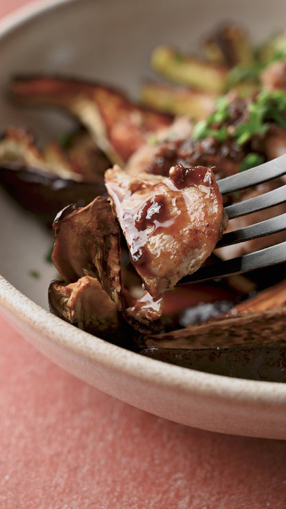 Rodajas de cerdo con salsa Teriyaki, con vegetales asados
